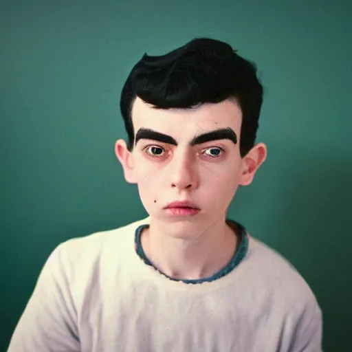 Image similar to a fine art portrait of a young man with black hair that is shorter on the sides, and asymmetrical eyebrows so that one eyebrow is bigger than the other eyebrow. Bags under his eyes. In the style of Stanley Kubrick and Wes Anderson, Art directed by Edward Hopper.