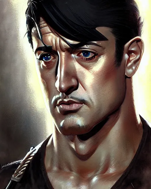 Prompt: portrait Anime 1940s Stallone Rambo Sharp fine face, realistic shaded Perfect face, fine details. Anime. cyberpunk realistic shaded lighting by katsuhiro otomo ghost-in-the-shell, magali villeneuve, artgerm, rutkowski Jeremy Lipkin and Giuseppe Dangelico Pino and Michael Garmash and Rob Rey