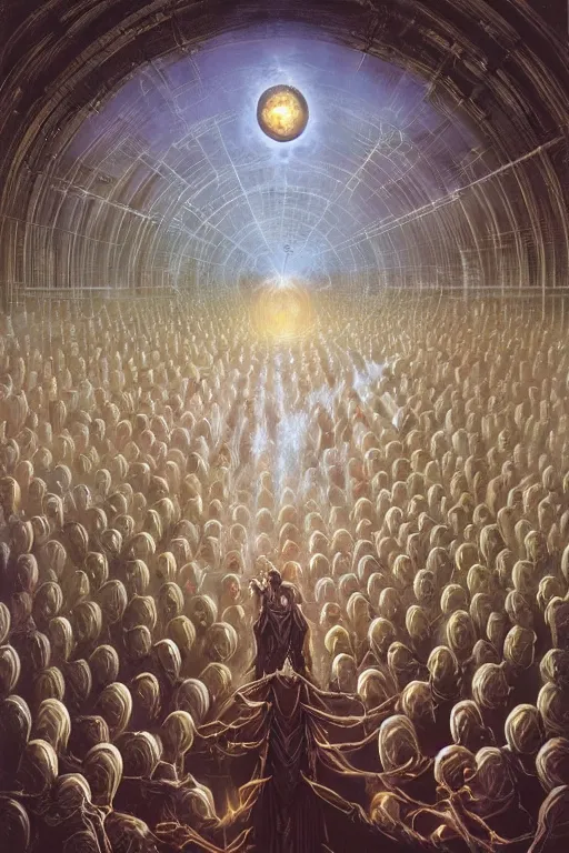 Prompt: a quantum computer surrounded by a dark cabal of hooded elven mystics with long robes gathered in a circular formation, michael whelan, dan seagrave, boris vallejo
