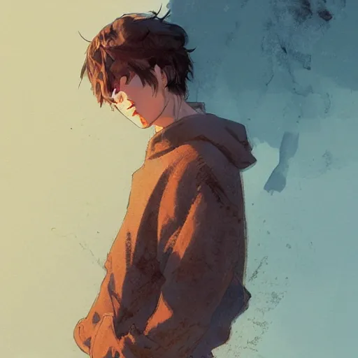 Prompt: portrait of a very feminine teenage boy with blue eyes and brown hair, smiling, wearing an oversized sweater, dramatic lighting, illustration by Greg rutkowski, yoji shinkawa, 4k, digital art, concept art, trending on artstation