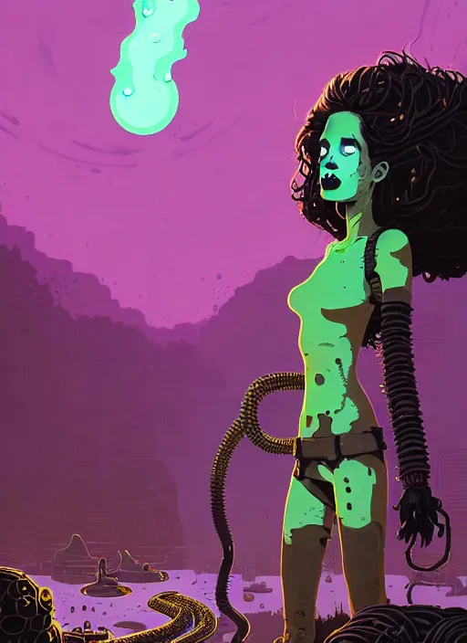 Prompt: highly detailed portrait of a lonely wasteland punk long dripping curly brown nuclear hair tribal lady, stray green slime hoses by atey ghailan, james gilleard, by joe fenton, by greg rutkowski, by greg tocchini, by kaethe butcher, 4 k resolution, gradient purple, brown black and white color scheme!!! ( ( green flaming robotic sewer background ) )