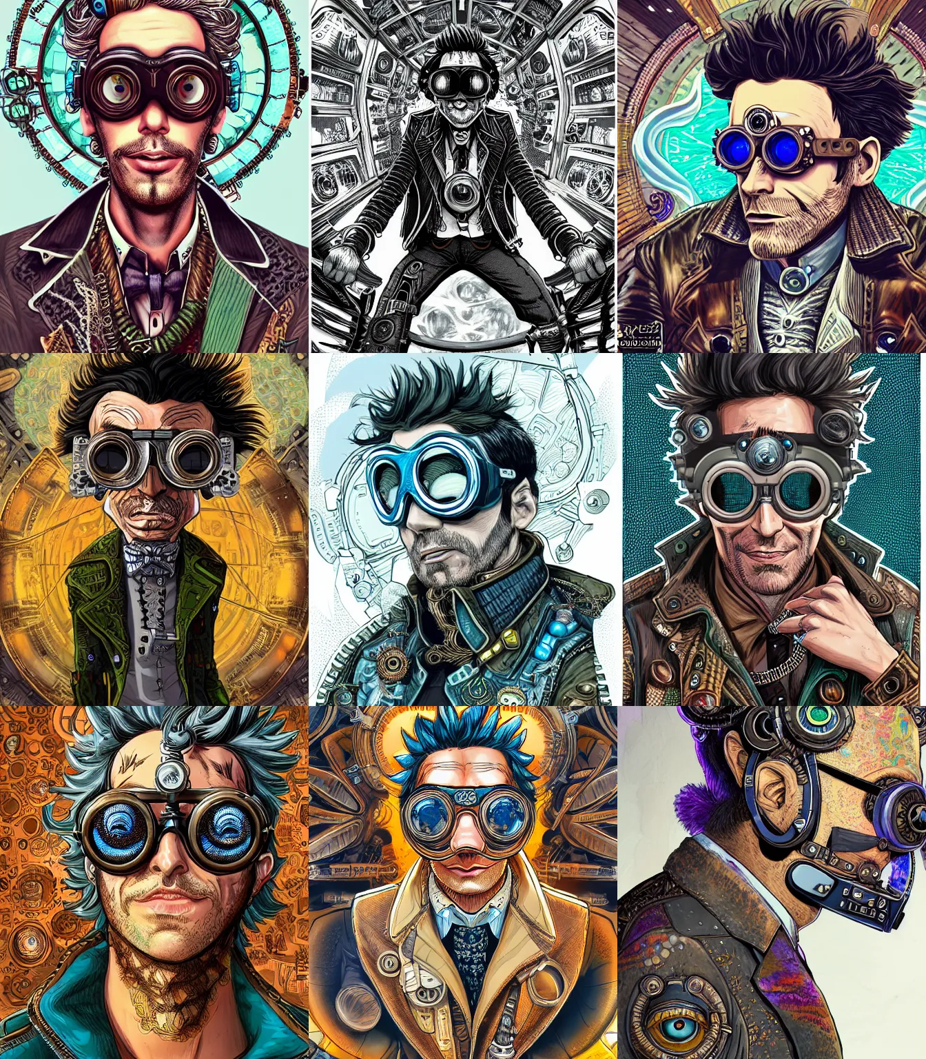 Prompt: hyper detailed comic illustration of a steampunk Rick Sanchez wearing goggles and an intricate Victorian jacket, markings on his face, by Android Jones intricate details, vibrant, solid background, low angle fish eye lens