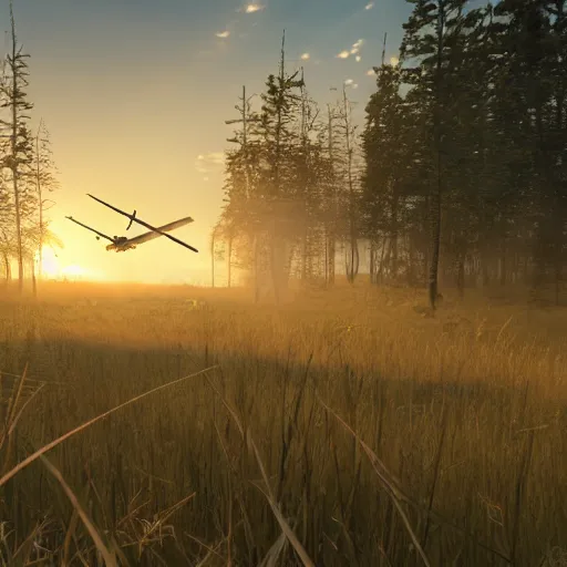 Prompt: war torn battlefield outside of a forest, crashed plane, dragon flies overhead, golden hour, ray tracing reflection, 8k, hyper realistic, insainly detailed, hdr, octan render,