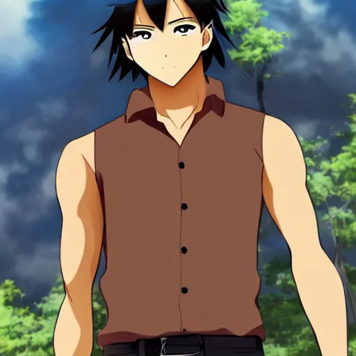 Image similar to A masculine middle aged man with tan skin, brown eyes, and hip-length, shiny, black hair, anime, manga