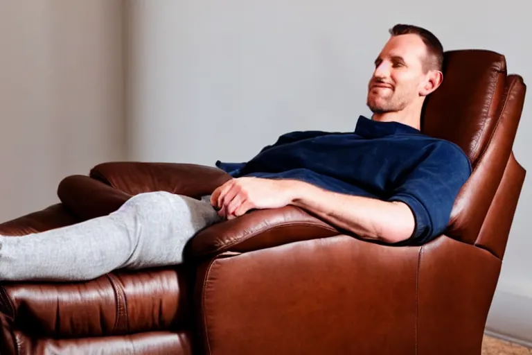 Image similar to a caucasian man relaxing on a brown reclined leather chair