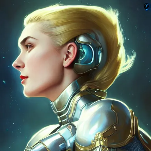 Image similar to Grace Kelly as Samus, western, D&D, fantasy, intricate, elegant, highly detailed, digital painting, artstation, concept art, matte, sharp focus, illustration, art by Artgerm and Greg Rutkowski and Alphonse Mucha