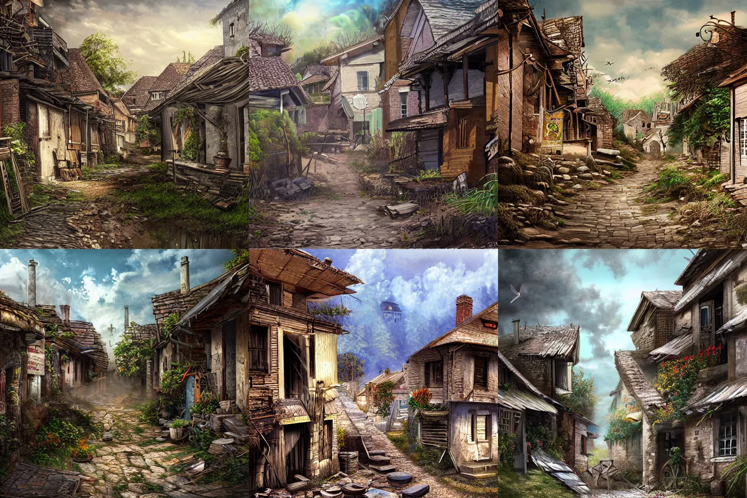 Prompt: a stunning painting of a run down village, digital art, hyper-detailed