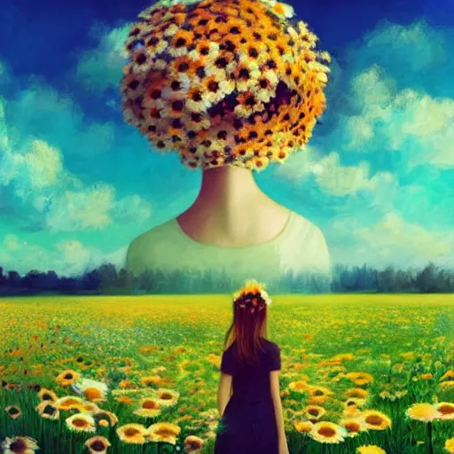 Prompt: head made of daisies, girl standing in a vast flower field, holding flowers, surreal photography, sunrise dramatic light, impressionist painting, colorful clouds, large sky, digital painting, artstation, simon stalenhag, flower face