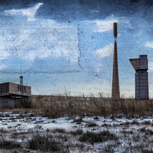 Prompt: a distorted post-apocalyptic landscape with a singular concrete military tower near the frozen lake hd 8k photo big lake high tower