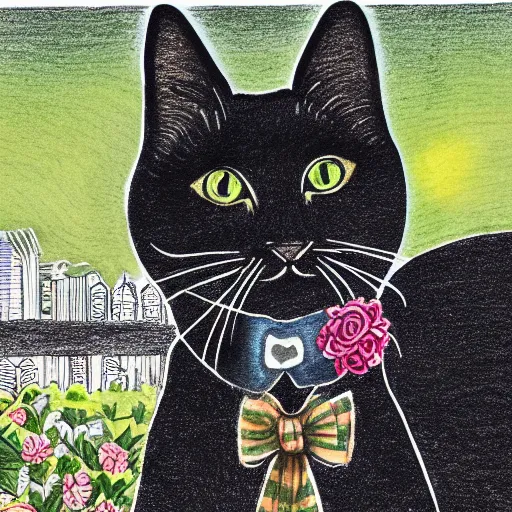 Image similar to animal friends portrait of a grey tabby cat wearing top hat sitting next to a black cat wearing a flower lei necklace, city skyline in the background, detailed colored pencil drawing 4 k