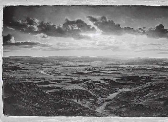 Image similar to Overlook of an ancient alien city, albumen silver print by Timothy H. O'Sullivan.