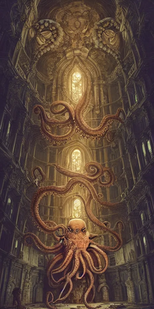 Prompt: group of mankind species mages with big octopus heads and a lot of translucent jellyfishes floating around inside an ancient mage castle hall colossal scale, gothic and baroque, brutalist architecture, ultradetailed, Intricate by Ellen Jewett and Josan Gonzalez and Giuseppe Arcimboldo