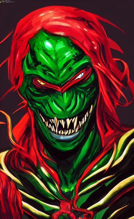 Image similar to portrait of venom as the green goblin, black and red, dynamic lighting, cinematic, ultra detailed, trending on art station, stunning visuals, creative, fantasy concept art