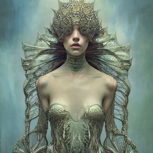 Image similar to high fashion editorial by zdzisław beksinski, iris van herpen, raymond swanland and alphonse mucha. highly detailed, hyper - real, beautiful