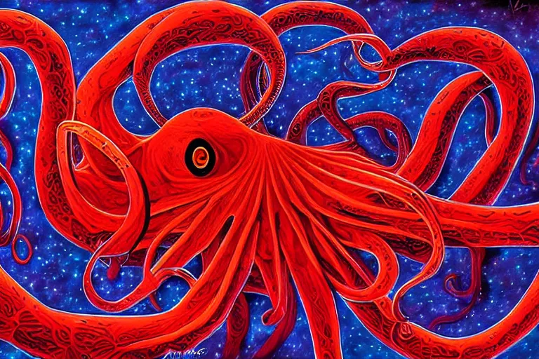 Image similar to digital art of a ominous red octopus in the deep sea alone by alex grey, (arcylic), ((synthwave)),