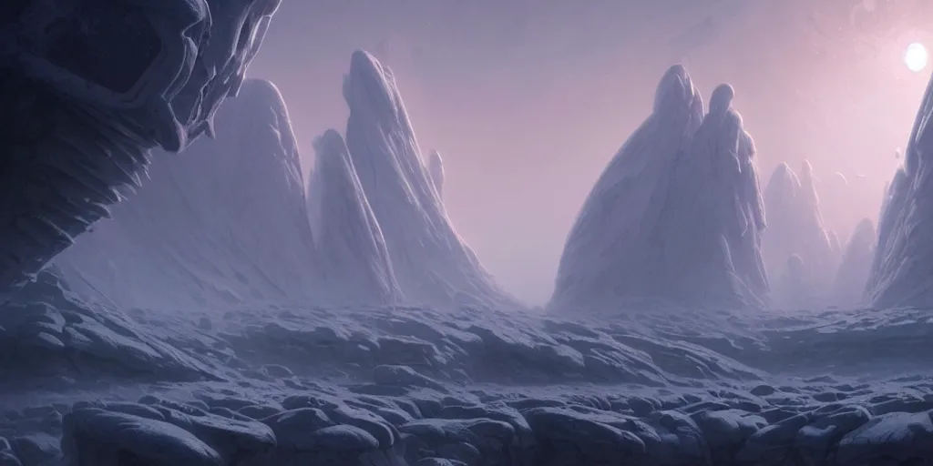 Prompt: strange surface of icy alien planet at dawn, misty, ultra high definition, ultra detailed, symmetry, sci - fi, by greg rutkowski and ross tran