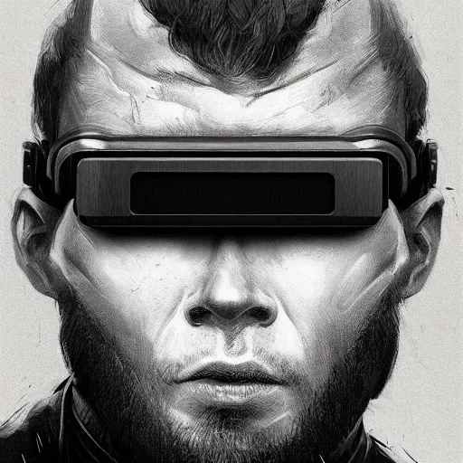 Prompt: Portrait of a man by Greg Rutkowski, symmetrical face, a young man using a VR headset, Kubrick stare, crooked smile, highly detailed portrait, scifi, digital painting, artstation, book cover, cyberpunk, concept art, smooth, sharp foccus ilustration, Artstation HQ