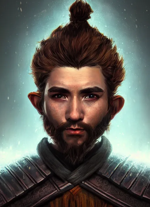 Image similar to A fantasy comic book style portrait painting of a swift samurai hobbit male in a atmospheric dark fortress, unreal 5, DAZ, hyperrealistic, octane render, RPG portrait, ambient light, dynamic lighting