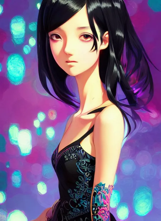 Image similar to a beautiful girl with black hair in 2020's fashion, ballroom background, intricate, highly detailed, digital painting, artstation, official media, anime key visual, concept art, rich vivid colors, ambient lighting, sharp focus, illustration, art by Artgerm, Makoto Shinkai, Ilya Kuvshinov, Lois Van Baarle, and Rossdraws