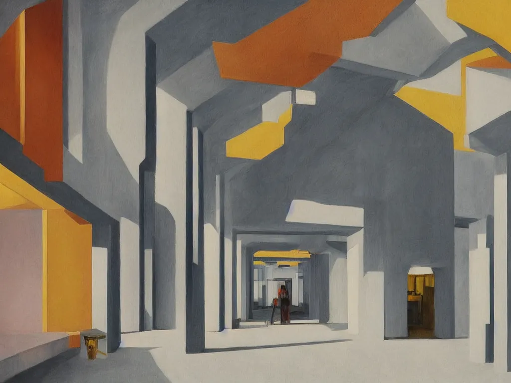 Image similar to colorful minimalist industrial interior hallway with monolithic pillars in the style of ridley scott and stanley kubrick, impossible stijl architecture, ultra view angle view, lone person in the distance, realistic detailed painting by edward hopper