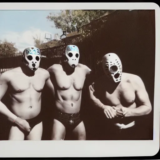 Prompt: Jason Voorhees 60's pool party Polaroid