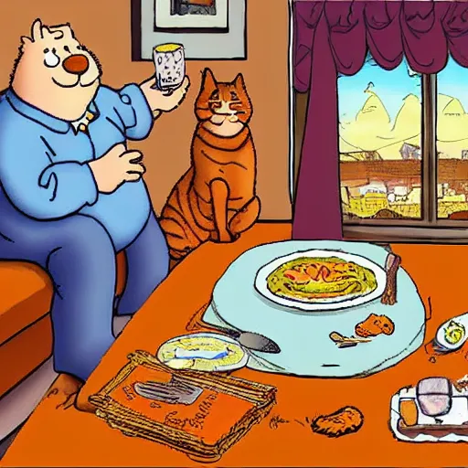 Prompt: fat orange tabby cat next to curly haired man and lasagna on table, by jim davis, garfield comic