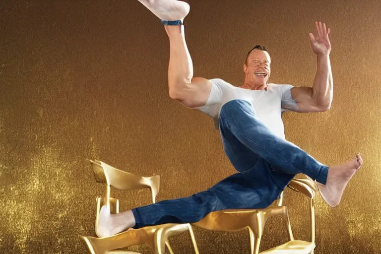 Image similar to hyperrealistic Jean Claude Vandamme legs spread apart balancing on two chairs, golden hour, smiling, award winning