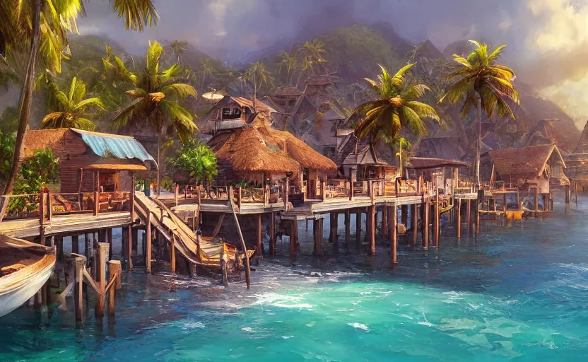 Image similar to a little fisher village on a tropical island, wood pier and houses, bright day, matte painting by marc simonetti and rhads, trending on artstation