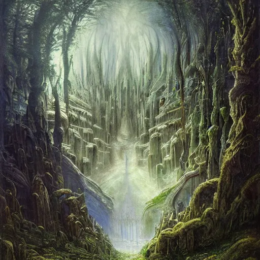 Prompt: a beautiful and highly detailed epic oil painting of an elven temple deep in the misty mountains, valley of dreams, tall trees, ancient runes, intricate details, epic scale, insanely complex, 8 k, sharp focus, hyperrealism, fantasy landscape, psychedelic, by caspar friedrich, brian froud, albert bierstadt,