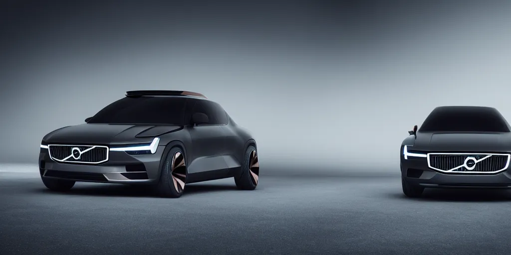 Image similar to a design of a futuristic Volvo, designed by Polestar, northern lights background, brushed rose gold car paint, black windows, dark show room, dramatic lighting, hyper realistic render, depth of field