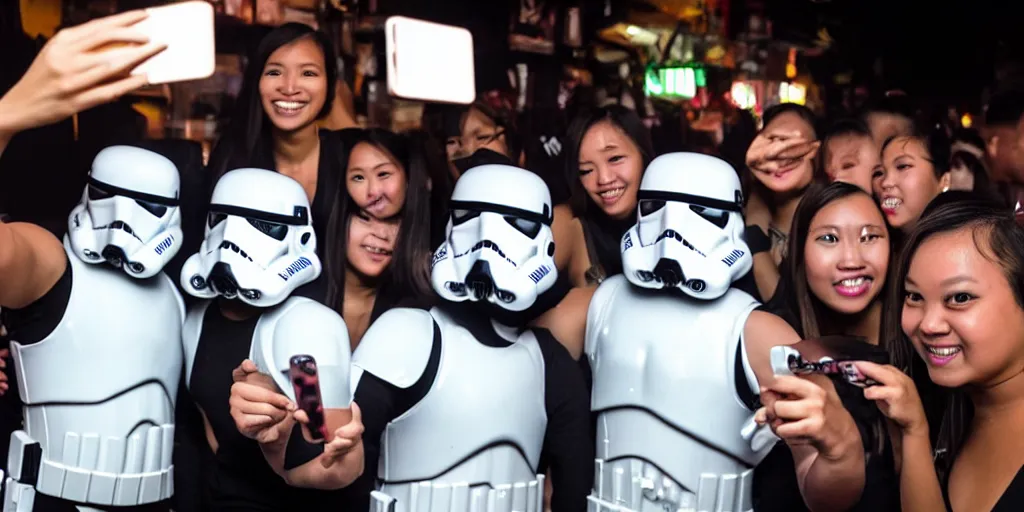 Image similar to storm trooper taking a selfie with a group of girls at a bar in bangkok thailand at night