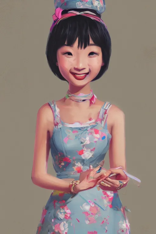 Image similar to a painting of cute Asian girl smiling, Gabbana dress, in the style of Pixar animation, low angle view, 16mm lens, award winning, hyper detailed, dramatic lighting, artstation, octane renderer, unreal engine