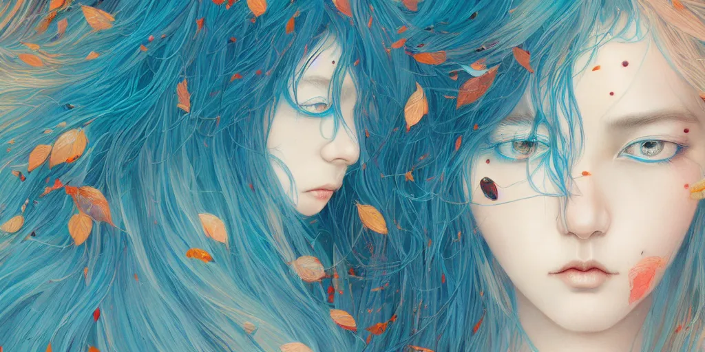 Image similar to breathtaking detailed concept art painting pattern of blue hair faces goddesses amalgamation autumn leaves with anxious piercing eyes, by hsiao - ron cheng and james jean, pastel colors, bizarre compositions, exquisite detail, 8 k