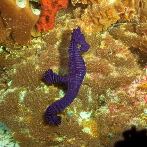 Image similar to Photo of a little sea horse scared by three snorkel divers taking photos with flash of him, hyperrealism, dynamic lighting