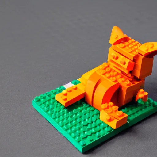Prompt: lego mini build of a smiling orange cat