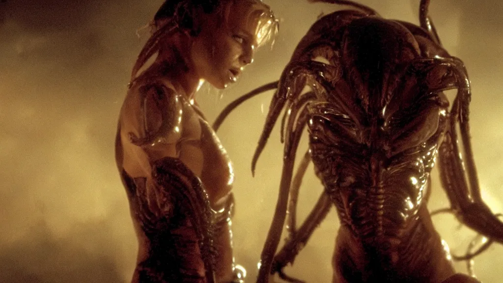 Image similar to film still of britney spears in Alien, xenomorph leaning upto her face, cinematic-shot, 4k