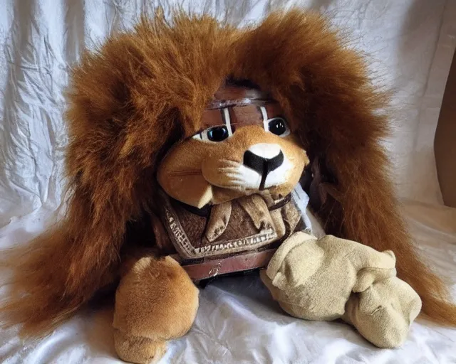 Prompt: a cute furry lion! with paladin! armor plush! doll, merchandise