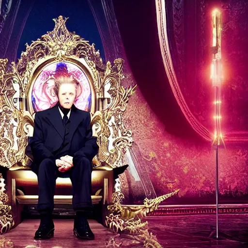 Prompt: elderly Christopher Walken as a menacing regal futuristic emperor seated on an ostentatious cyberpunk throne, cinematic lighting, backlit glow