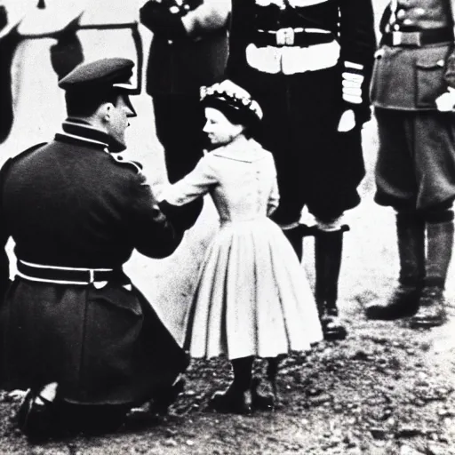 Image similar to ultra wide 1 9 4 6 blurry historical photo of a single german general kneeling before a young queen elizabeth in a french village, her brown and white corgis are next to her, highly detailed, sharp focus