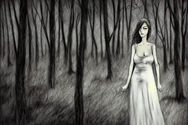 Image similar to mad girl in white dress wandering the woods artwork by ben templesmith