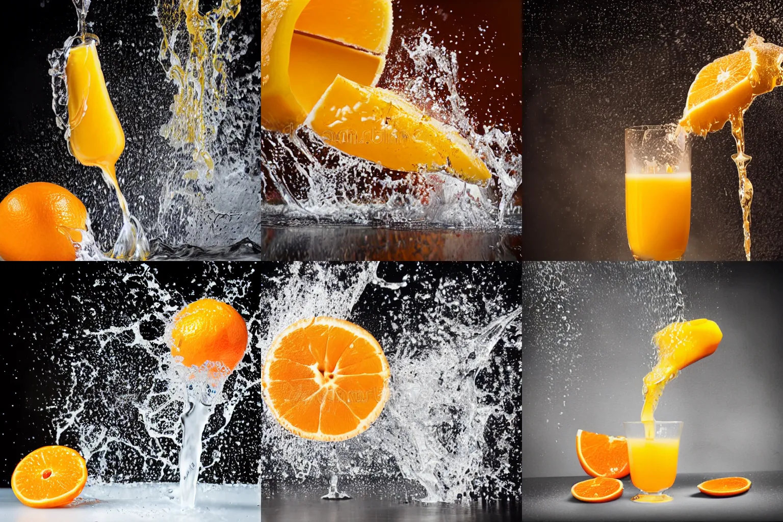 Prompt: splashing orange juice, stock photo, screaming, studio photography