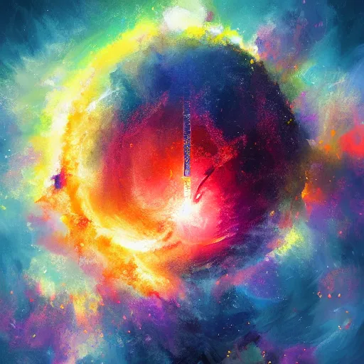 Image similar to Expressive painting of a basketball player dunking, depicted as an explosion of a nebula, digital art by Ross Tran, trending on artstation