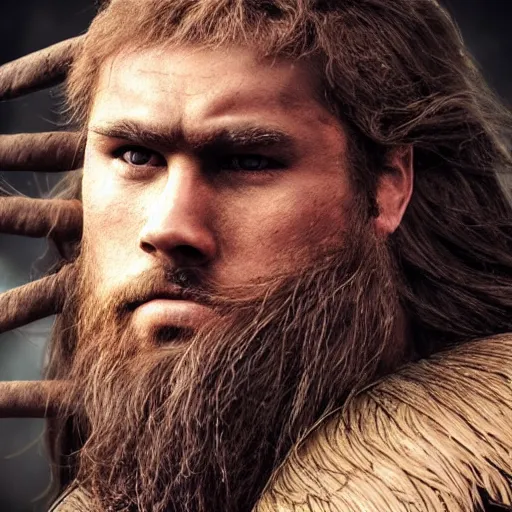 Prompt: hyperrealistic photograph of a brown-haired viking Guts from Berserk, 8k, profile picture, cinematic, high contrast, epic real fantasy, stoic facial expression, looking at the camera