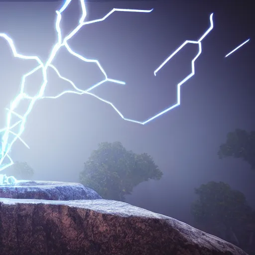 Prompt: a diamond on a stone platform getting struck by blue lightning, cinematic lighting, unreal engine render