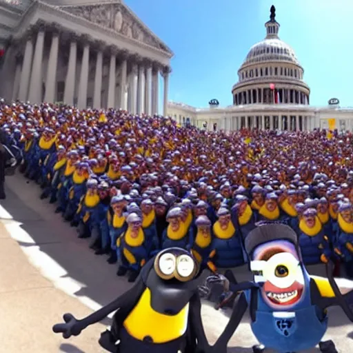 Image similar to GoPro selfie footage of an army of patriotic Minions storming the Capitol, style of Pixar