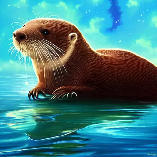 Prompt: a beautiful digital painting of an otter swimming through space, trending on art station, art by rhads, art by miyazaki