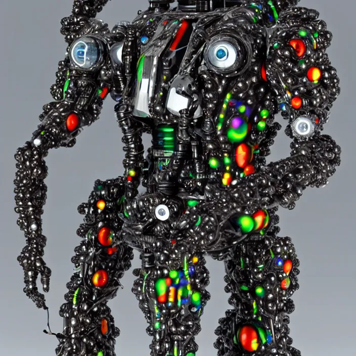 Image similar to a cybernetic symbiosis of a single astronaut mech-organic eva suit made of pearlescent wearing anodized thread knitted shiny ceramic multi colored yarn thread infected with kevlar,ferrofluid drips,carbon fiber,ceramic cracks,gaseous blob materials and diamond 3d fractal lace iridescent bubble 3d skin dotted covered with orb stalks of insectoid compound eye camera lenses orbs floats through the living room, film still from the movie directed by Denis Villeneuve with art direction by Salvador Dalí, wide lens,