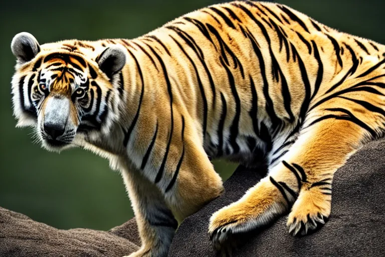 Image similar to a tiger polar bear!!! hybrid! hyper realistic!! realistic lighting!! wildlife photographer of the year!!! bold natural colors, national geographic, hd, wide angle, 8 k