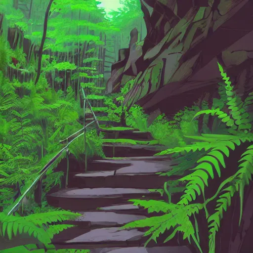 Prompt: fern canyon gorge in oregon, stone stairway, overgrown lush plants, atmospheric, cinematic, by studio ghibli