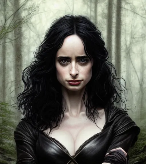 Image similar to 5 5 mm close up portrait photo of krysten ritter as yennefer of vengerberg with purple eyes in black leather armor and long black wavy hair, in a forest. magical atmosphere. art by greg rutkowski. lifelike. very detailed 8 k. intricate. soft light. nikon d 8 5 0.